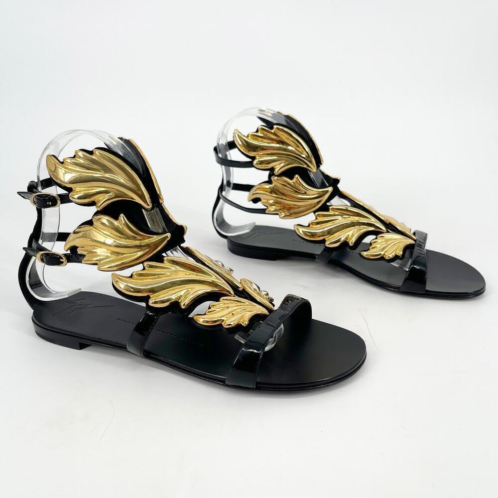 Giuseppe Zanotti Cruel Wing Black Patent Gladiator Sandals Flats Rare IT 37.5